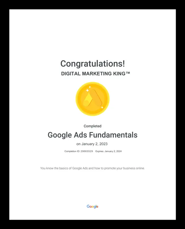 Google Ads Fundamentals Certificate of Digital Marketing King
